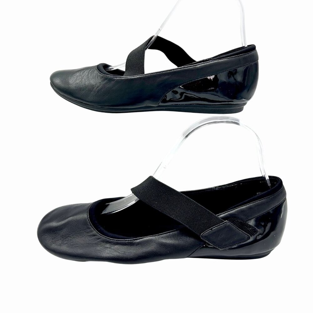 EASY SPIRIT 360 ESGILSAN BLACK LEATHER FLATS PATENT HEEL W/ ELASTIC STRAP - 7M